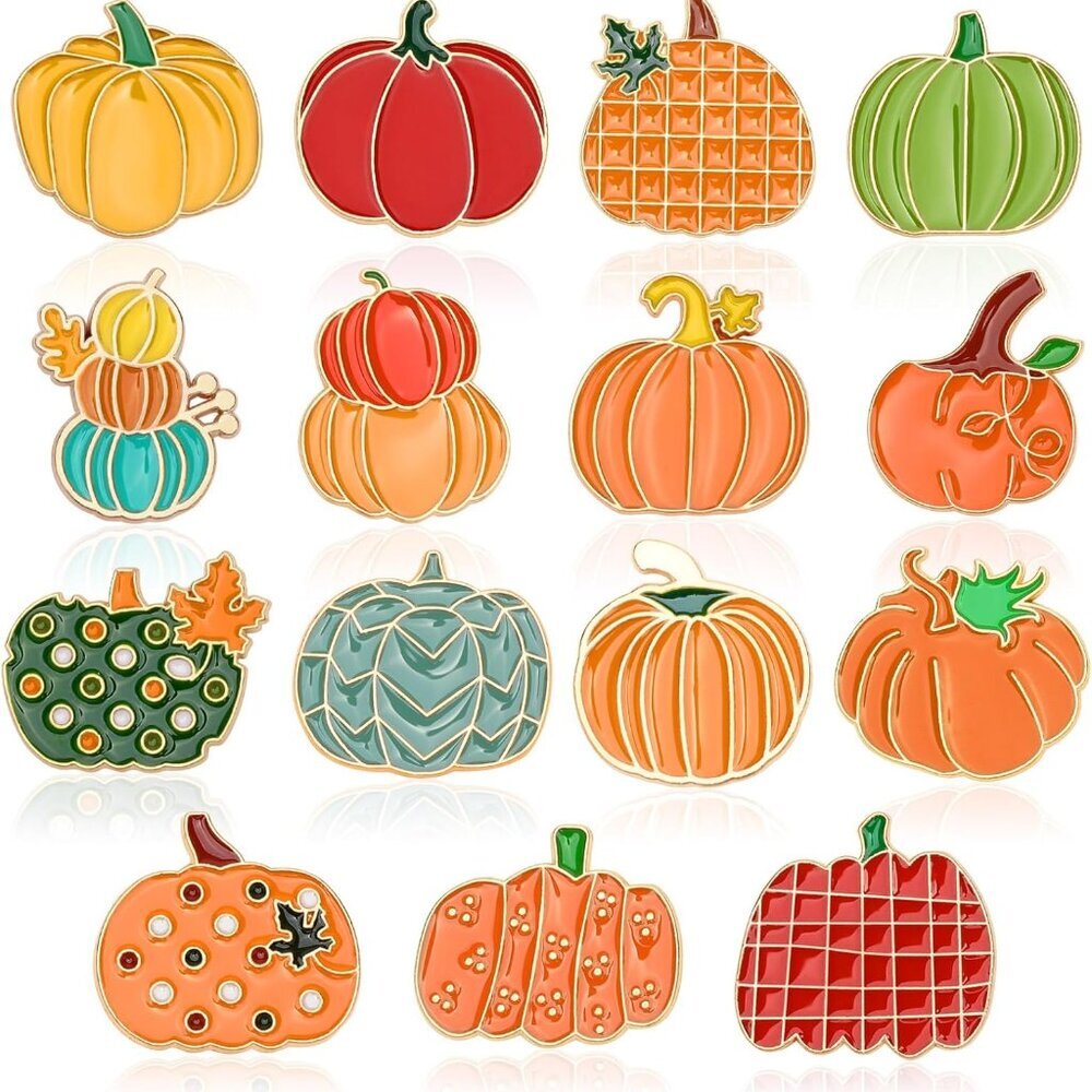 15Pcs Pumpkin Pins, Fall Pumpkin Brooches Thanksgiving Enamel Lapel Pins Autumn